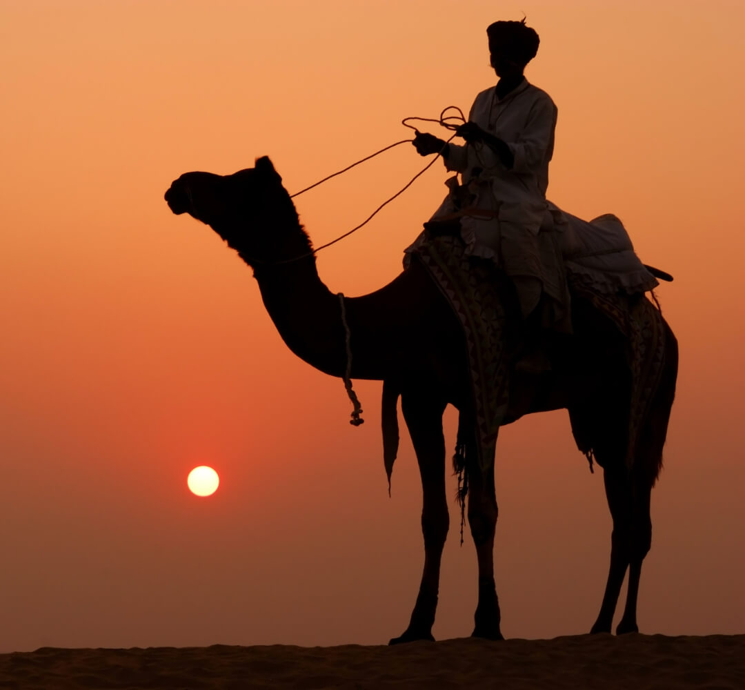 camel rider in jaisalmer desert