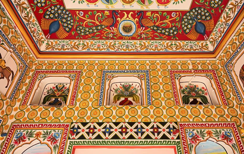 Colorful ceiling of Raghu Nath Ji Mandir