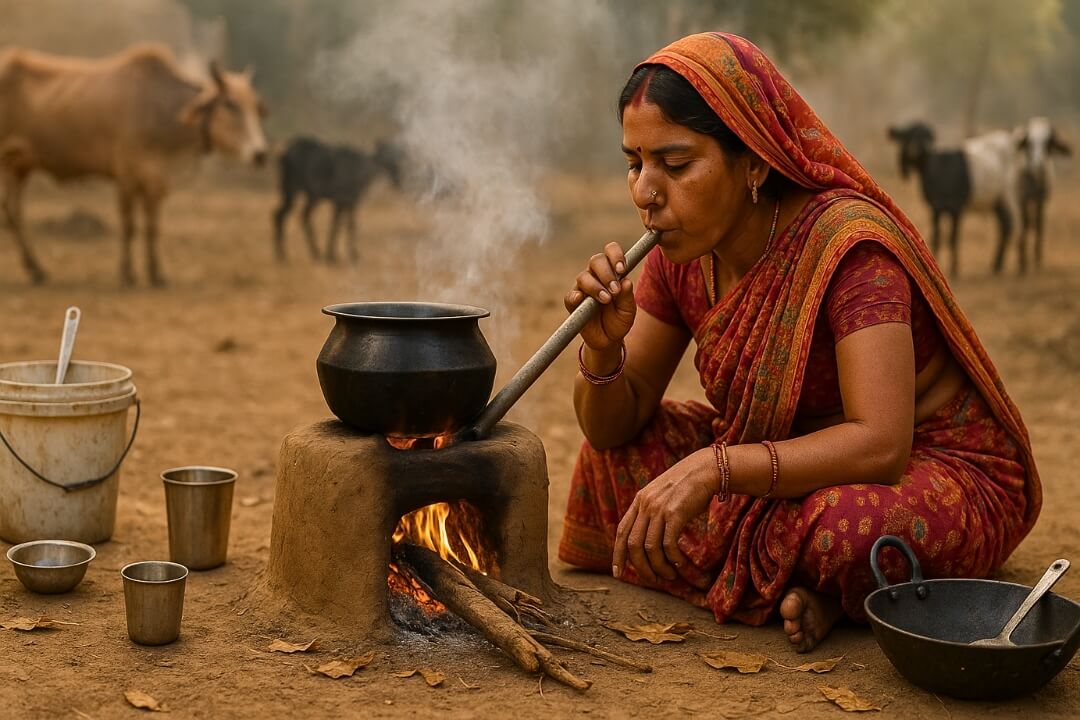 village woman cooking in earthy clay chulha